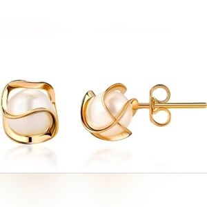 18K Gold Plated Caged Pearl Stud Earrings, 6MM NEW